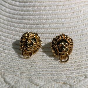 Gold Lion Head Stud Earrings with Ring Accent - Women Jewelry